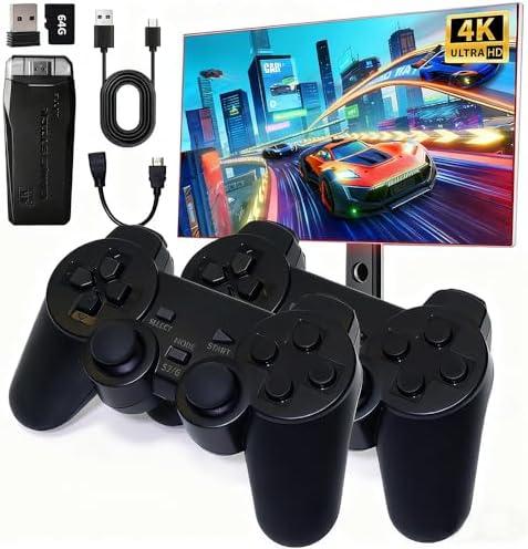 Retro Game Console Stick – Plug & Play Wireless Video Game System with 20,000+ Classic Games, 9 Emulators, 4K HDMI Output, 2.4GHz Dual Controllers, Nostalgic Arcade Stick for Adults & Kids (64G)