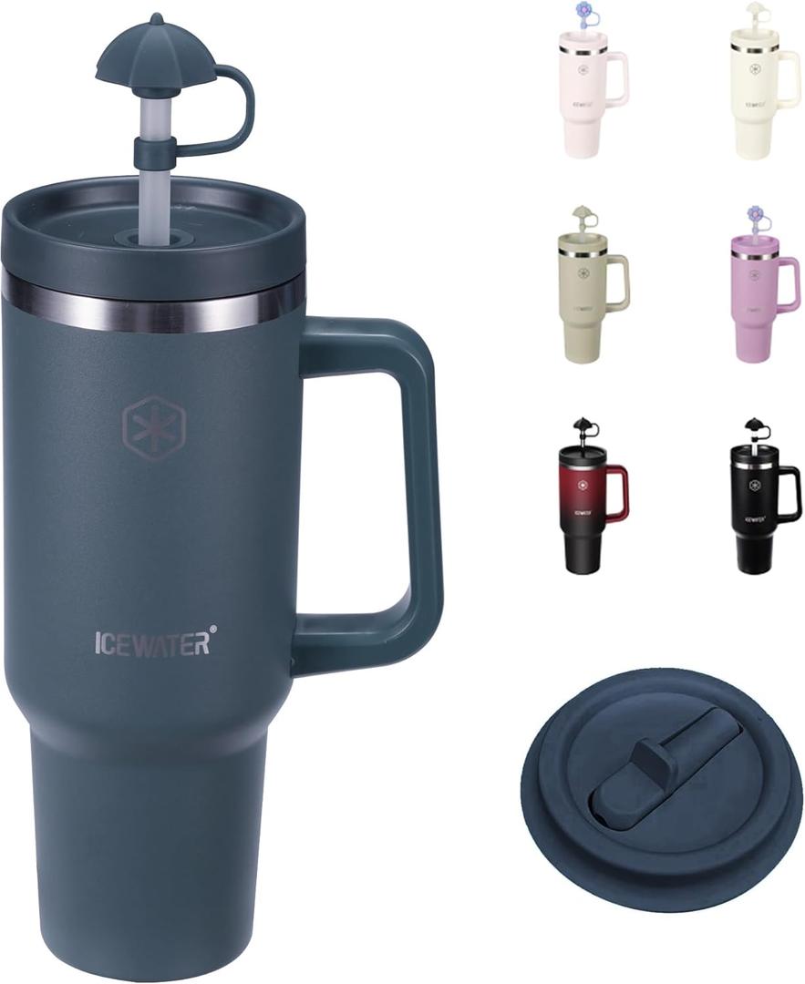 ICEWATER - 40 oz Tumbler with Handle & 2 Lids (Standard Straw and Flip Straw) | 100% Leak Proof | Cup Holder Friendly | Insulated Water Bottle for Coffee | Keep Cold for 36 Hours (Nightfall Blue)