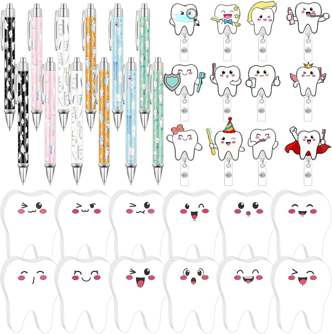 36 Pcs Dental Hygienist Appreciation Gift Nurse Week Teeth Gifts Bulk Include Ballpoint Pens ID Badge Holder Sticky Notes for Nurse Hygienist Office Coworker Doctor Graduation Accessories Favors