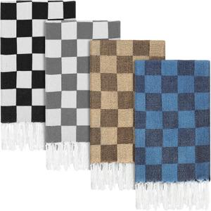 4 Pcs Checkered Plaid Turkish Beach Towels Bulk Large 70 x 38 Inch Beach Towel Cotton Prewashed Quick Dry Travel Beach Blanket for Vacation Essential Pool Camping Swimming(Black Gray Brown Blue)