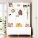 49.6" Hall Tree with Bench and Shoe Storage,Modern Entryway Cabinet with High Gloss Fluted Doors & Open Shelves,5-in-1 Coat Rack w/ 6 Gold Hooks and Legs for Hallway,White