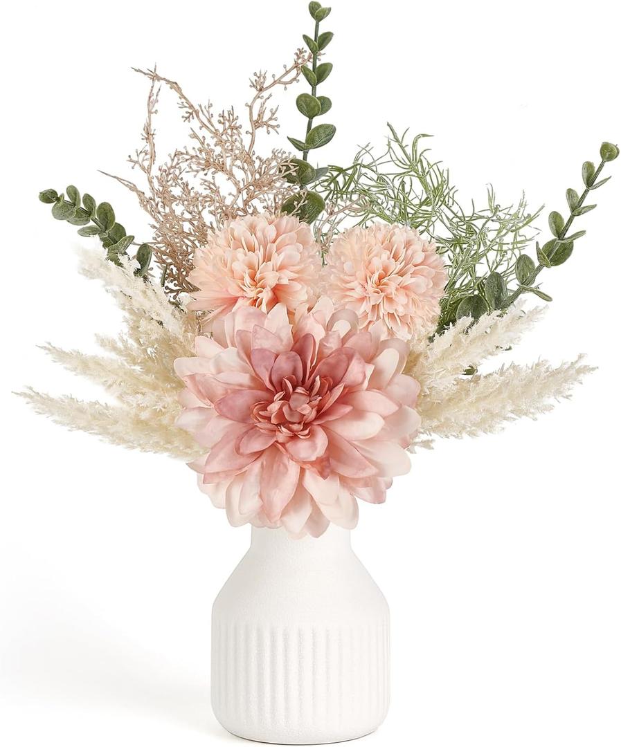 Mkono Small Artificial Flowers in Ceramic Vase 12.5" Centerpieces Coffee Table Decor, Silk Flower Arrangements for Home Decor Indoor Fake Flower Bouquet for Bathroom Dining Room Kitchen Wedding Pink