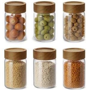 Zoaiirte 6pc 8 fl oz Glass Mason Jars with Acacia Wood Airtight Lids - Food Storage Container Set, Clear Stackable Leakproof Kitchen Canisters for Meal Prep/Snack Organization/Spice Storage