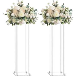 2 Pack 32'' Tall 8'' Dia. Centerpiece Wedding Decoration Modern Tall Vase Elegant Crystal Acrylic Flower Stand Tabletop Display Rack Floral Backdrop Clear Column Pillar Square Props
