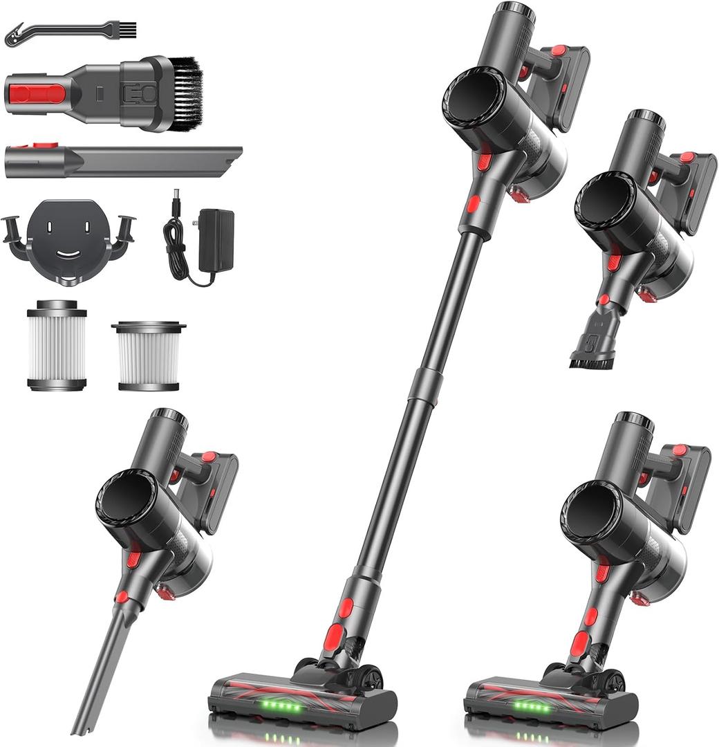 Cordless Vacuum Cleaner, Stick Vacuum Rechargeable, 550W 45KPA Powerful Suction Lightweight Vacuum Cleaners for Home, Anti-Tangle, Self Standing for Pet Hair Hardwood Floor Carpet - Dark Black