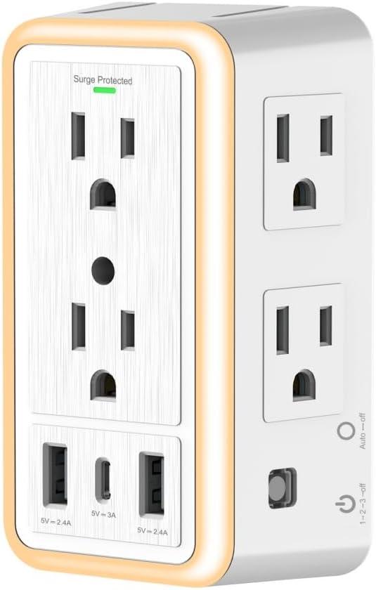 Three Sided Power Strip - Wall Outlet Multi Extender with Night Light,6 AC Outlets, 3 USB Ports (1 USB-C), 1500J Surge Protector