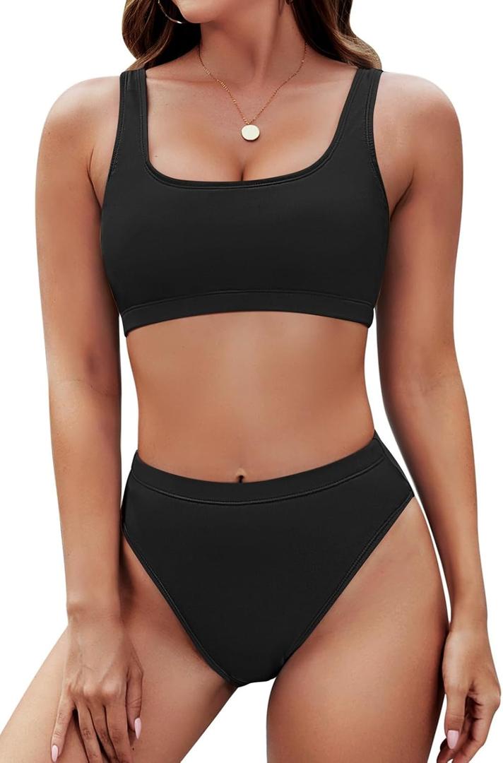 Pink Queen Women's Crop Top High Waisted Cheeky Bikini Set Two Piece Swimsuits (Large, 01 - Black)
