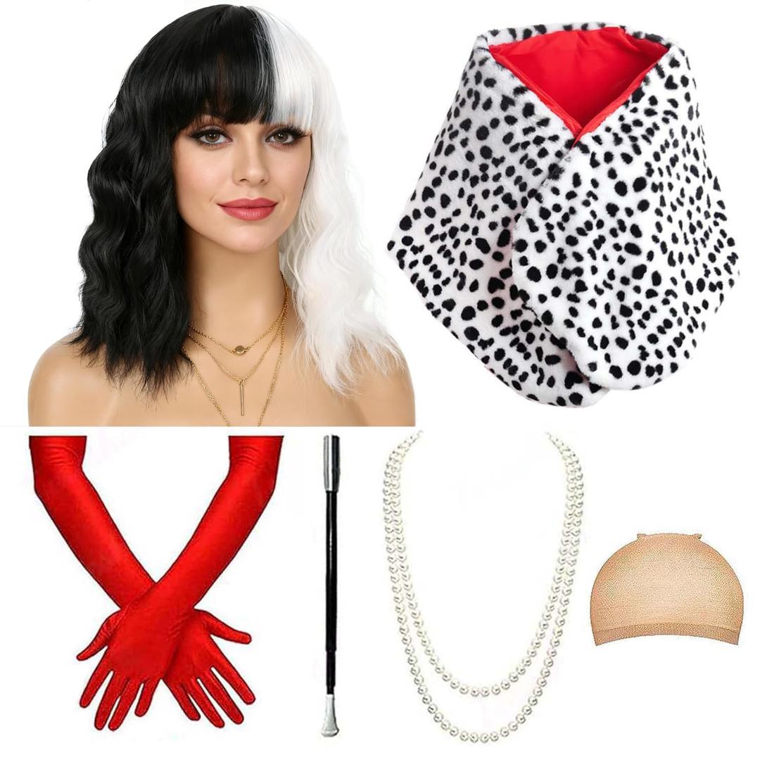 6 Pcs Black and White Wig + Faux Shawl + Red Gloves + Stick Pearl Necklace + Costume Stick+ Wig Cap for Women Costume Cosplay Halloween Party