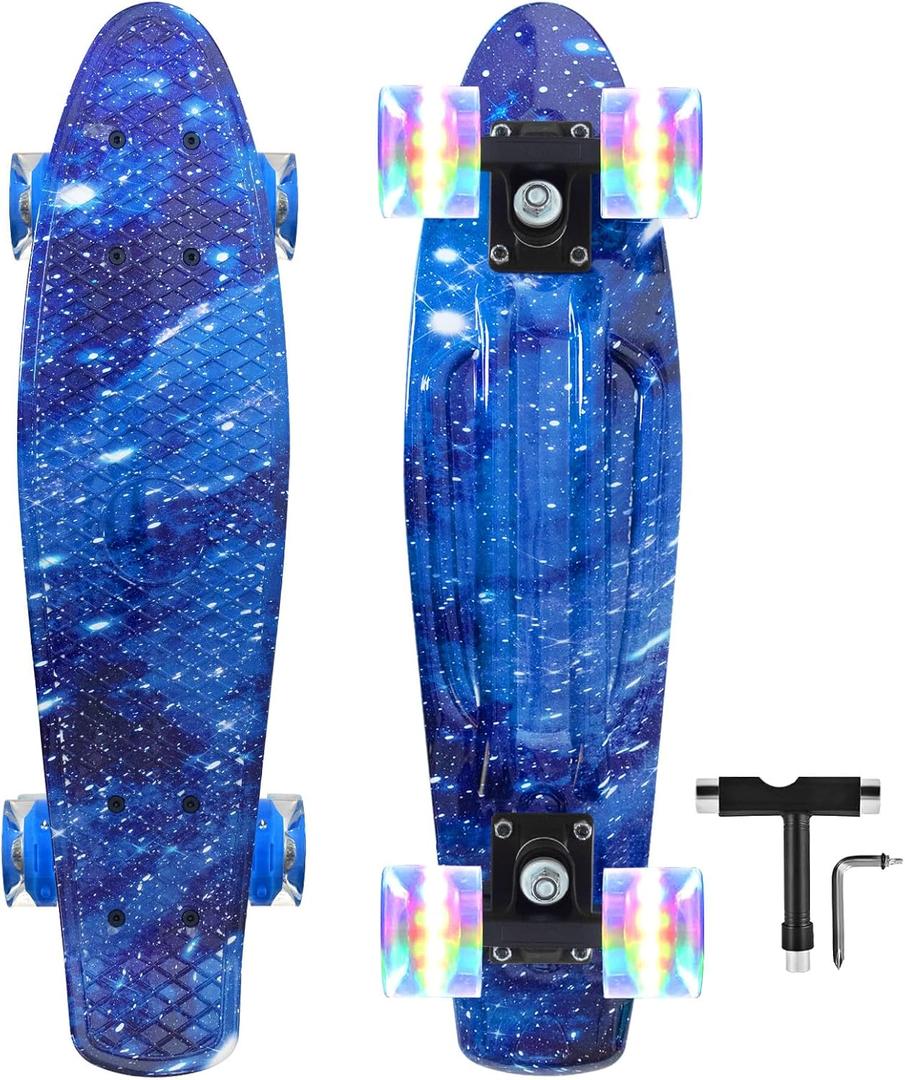 Nattork Skateboards 22 Inch Mini Cruiser Skateboard Complete Retro Skate Boards with Colorful Light Up Wheels for Kids Girls Boys Beginners