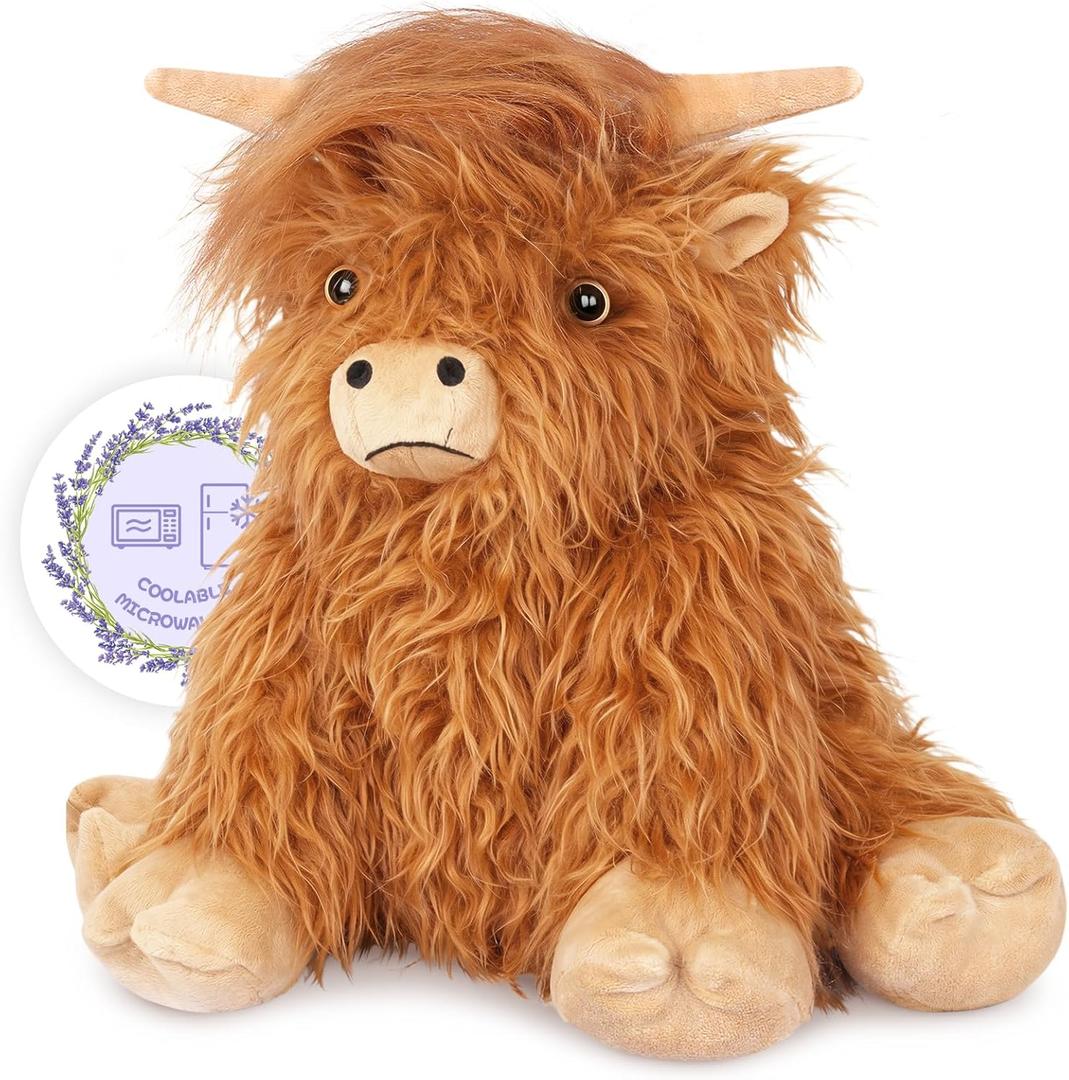 SuzziPals Heatable Coolable Weighted Highland Cow Stuffed Animals Plushie, Microwavable Heating Pad for Period Cramps & Pain, Lavender Scented Cow Plush Toys for Stress, Highland Cow Gifts for Women 10"