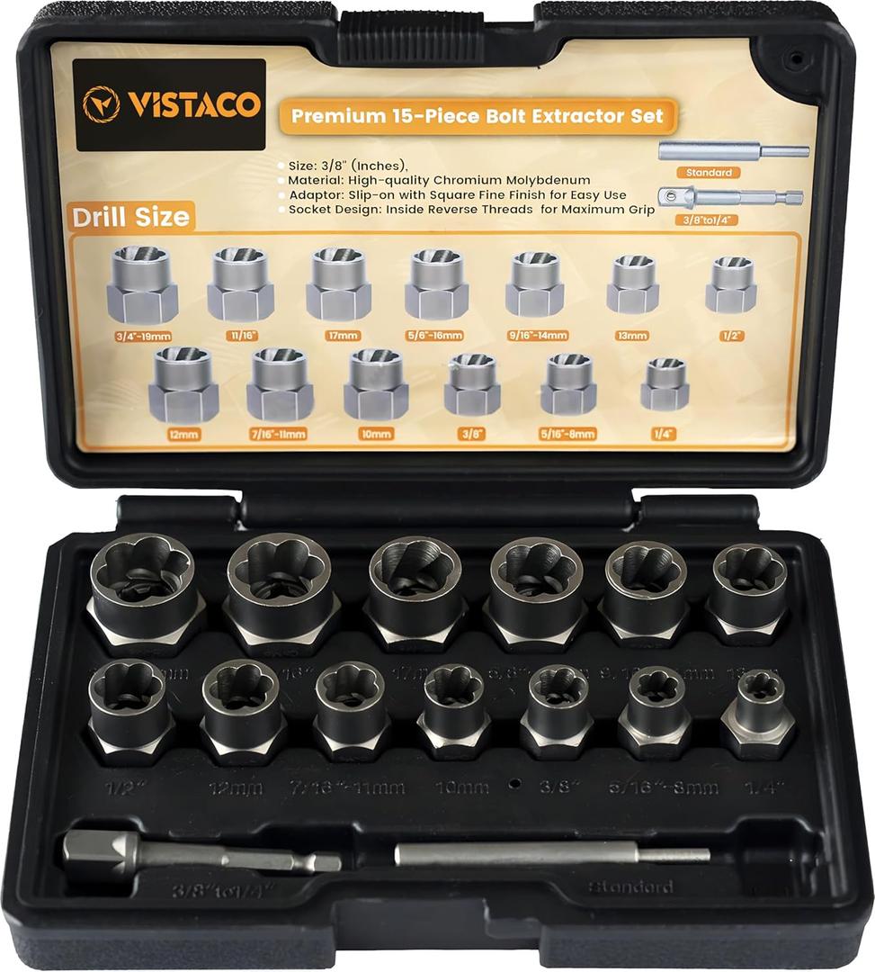 Bolt Extractor Kit 15 Pieces Heavy Duty Tool with 3/8 Inch Adapter, Easy Out Bolt Extractor Set & Lug Nut Remover for Rusted, Frozen, Corroded, Rounded, Damaged Nut Screws & Bolts.