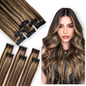 Single Clip In Hair Extensions Real Human Hair, Short Hair Extensions Clip Ins, Remy Balayage Highlight Seamless Hairpieces for Women 6 Pcs 14 Inch 36g Medium Brown Mixed Honey Blonde