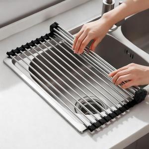 NEZUIBAN Dish Drying Rack with Roll Up and Over Sink for Kitchen,17.5"x15.7",Black
