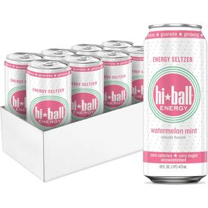 Hiball Clean Energy Drink - Watermelon Mint - Zero Sugar, Zero Calorie Sparkling Water with 160mg Organic Caffeine, 50mg Organic Ginseng, 50mg Organic Guarana and B Vitamins - 16 fl oz (8-Pack)