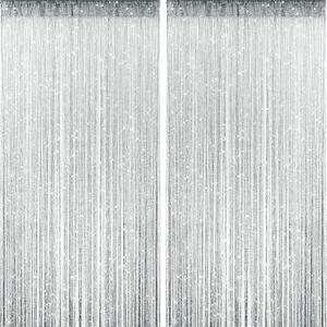 2 Pieces Silver Glitter String Curtains, 39x79 Inch Doorway Beads Curtains, String Curtain for Doorway, Room, Closet Partition, Windows Wedding Party Boho Tassel Home Decoration