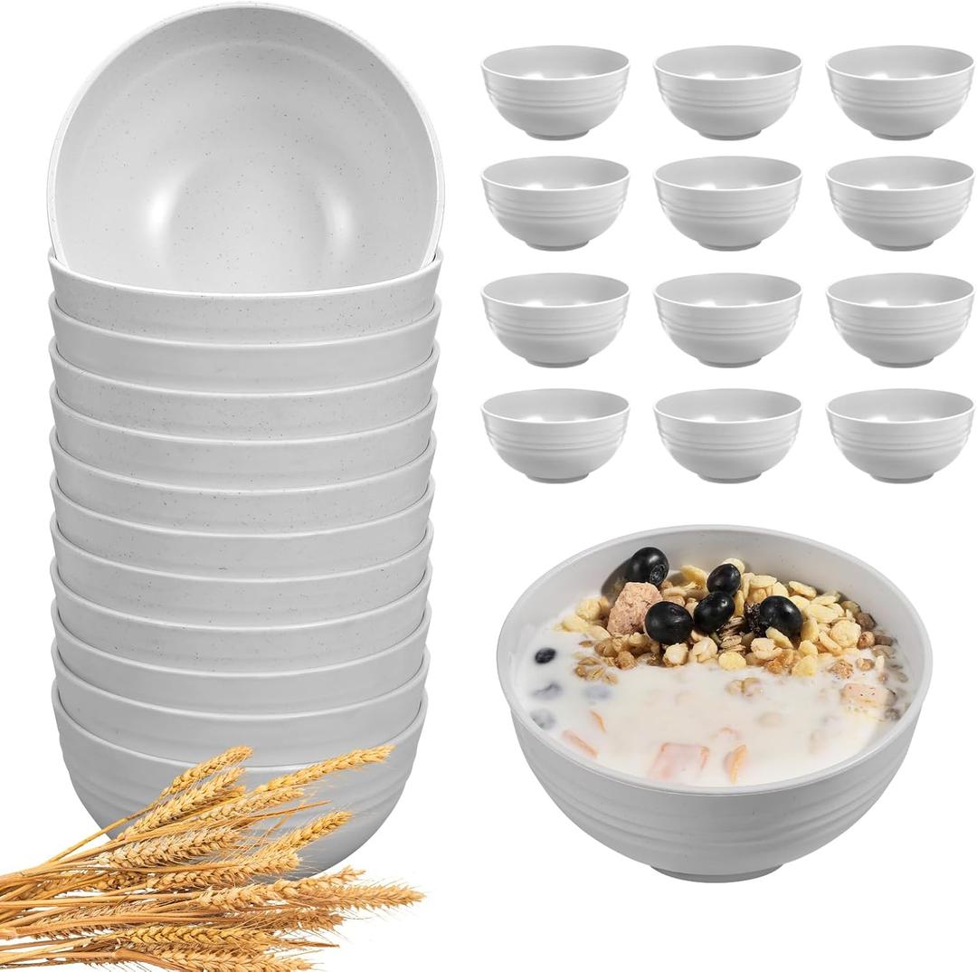 12 Pcs Unbreakable Rice Bowls Set, 26 Oz Wheat Straw Bowls Set, Microwave & Dishwasher Safe Bowl for Kitchen, Reusable Plastic Bowl for Soup, Salad and Snack, BPA Free, White Gray