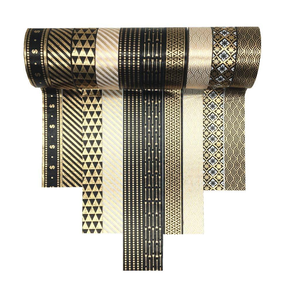 VIVIQUEN Gold Washi Tape Set 15MM Foil Skinny Masking Tape Decorative Pack for DIY Scrapbooking, Crafts, Gift Wrapping, Holiday Decoration (Black Basic Pattern 10 Rolls)