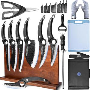 One Set All Tasks, Kitchen Knife Block Set With Sharpener, Scissors, Roll Bag, Cutting Board, 7 Pcs High Carbon Steel Knives Set, Cleaver Cooking Chef Knives With Ergonomic Handles