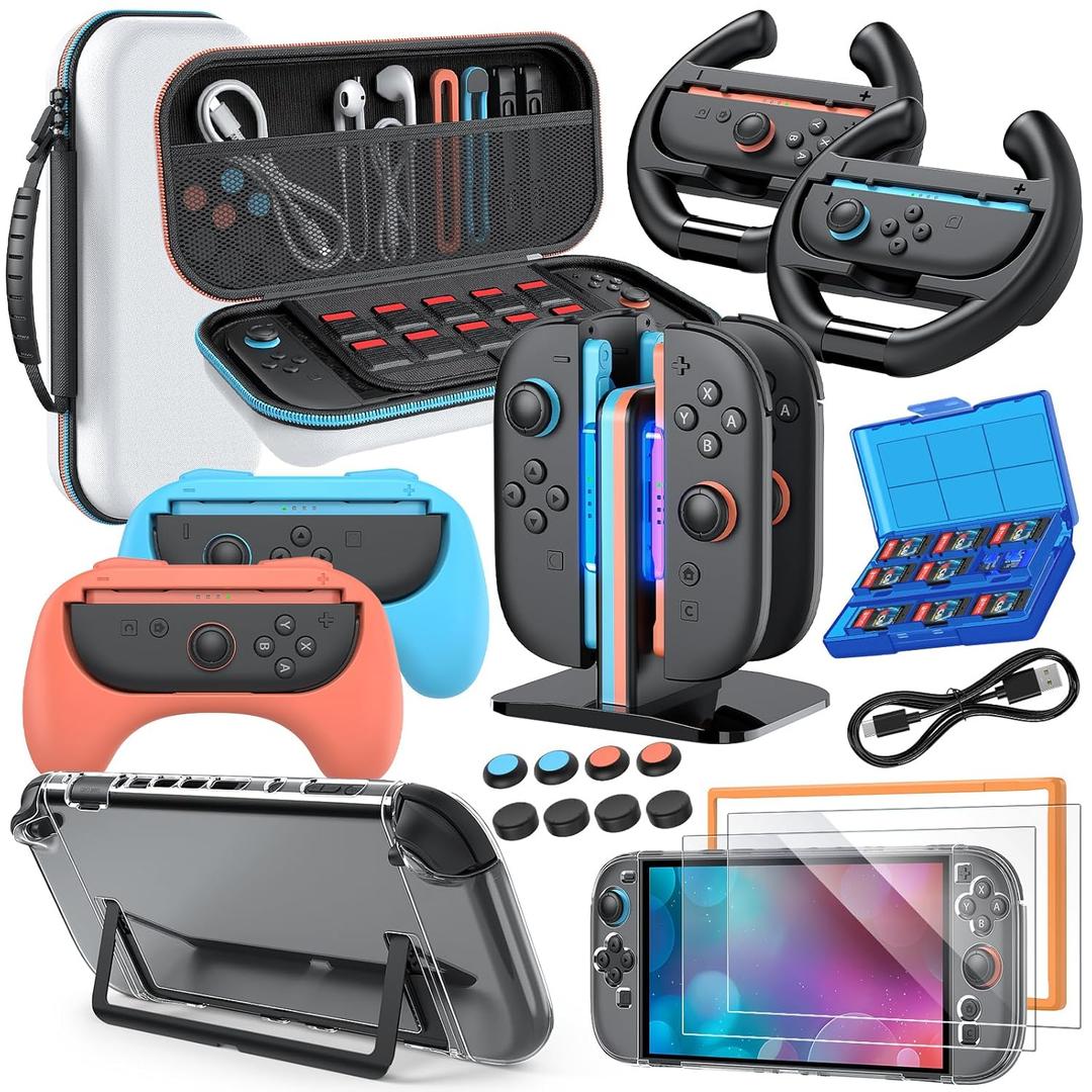 Switch 2 Accessories, Bundle Case for Nintendo Switch 2 (2025), MENEEA 20-IN-1 Kits: Carrying Case, Controller Charger Dock, Grips for Joy Con,Steering Wheels for Mario Kart,Protective Cover for Controller Console for Switch 2 (White)