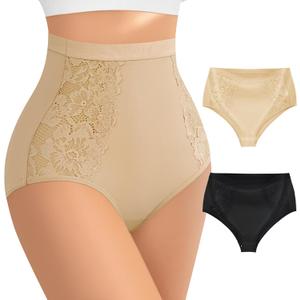 Women's High Waisted Underwear with Hollow Lace Side,Soft High Cut Stretchy Panties,Cheeky Coverage Briefs Multipack (L)