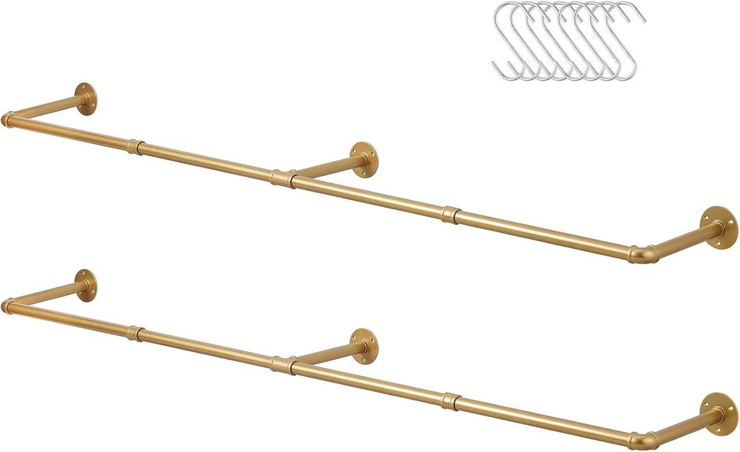 Industrial Pipe Clothing Rack, Heavy Duty Wall Mounted, Black Iron Garment Bar, Detachable Closet Storage (Gold, 72 inch - 2 Pack)