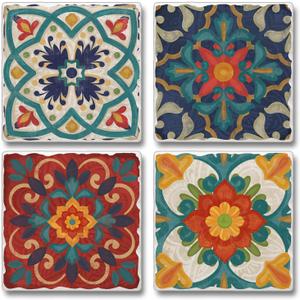 Thirstystone Spanish Villa Tumbled Tile Stone Coasters with Protective Cork Backing 4-Pack Manufactured in the USA Artistic Absorbent Easily Wipes Clean