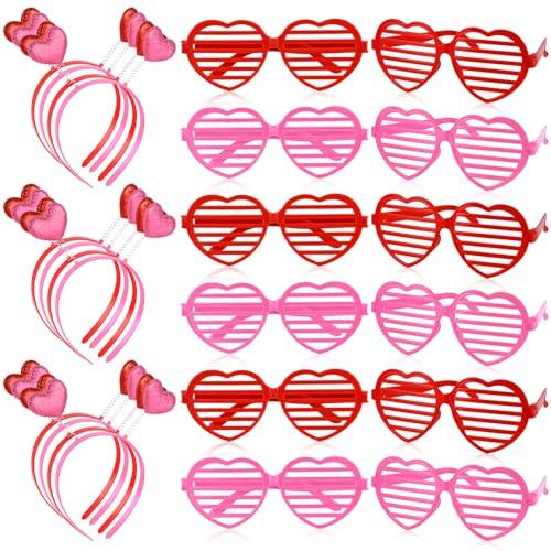 HSLCGF 24 Pcs Heart Spring Headbands and Heart Shape Sunglasses Party Supplies for Valentines, Weddings, Engagement Celebrations, Photo Shoots and Festive Gatherings (red and pink)