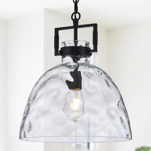 Glass Pendant Light, 13.8 Inch Single Hanging Ceiling Light with Adjustable Chain, E26 Base Oversized Hammered Clear Glass Kitchen Island Pendant Lighting in Matte Black for Dining Room, Entryway, 14 inches