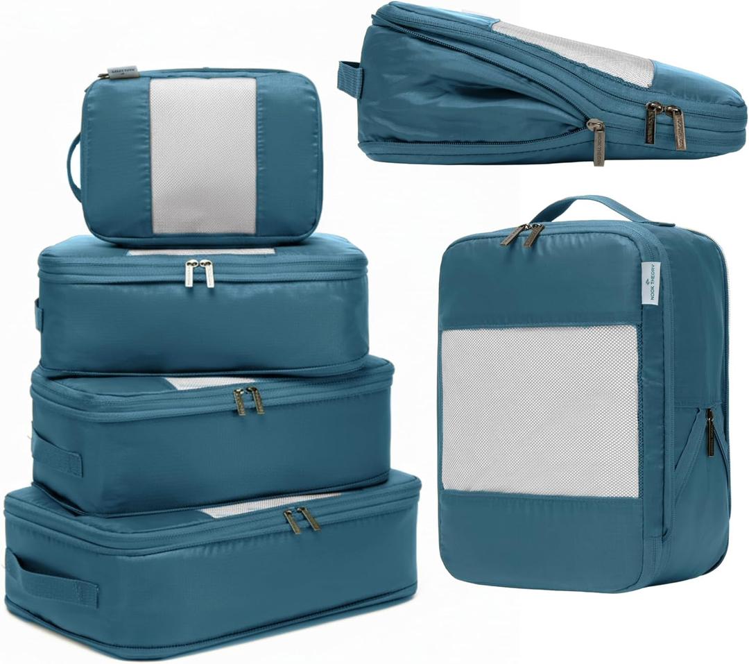 6-Pack Large Compression Packing Cubes for Travel - Lightweight Compression Packing Cube Set, Water-Resistant Luggage Organizer Bags & Suitcase Organizers, Travel Cubes for Carry-On, Checked Luggage (Teal)