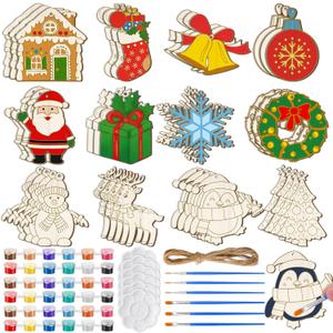 Jenaai 36 Set Christmas Wooden Painting Kit DIY Unfinished Blank Ornaments Craft Set Snowman Santa Xmas Tree Hanging Decorations Birthday Holiday Party Favor for Kids Christmas