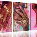 3Pcs Pink Fashion Black Girl Canvas Wall Art African American Black Woman Wall Decor Pictures Gorgeous Black Girl Posters Prints for Living Room Bedroom Artwork Home Decoration Prepare to Hang (12x16in)
