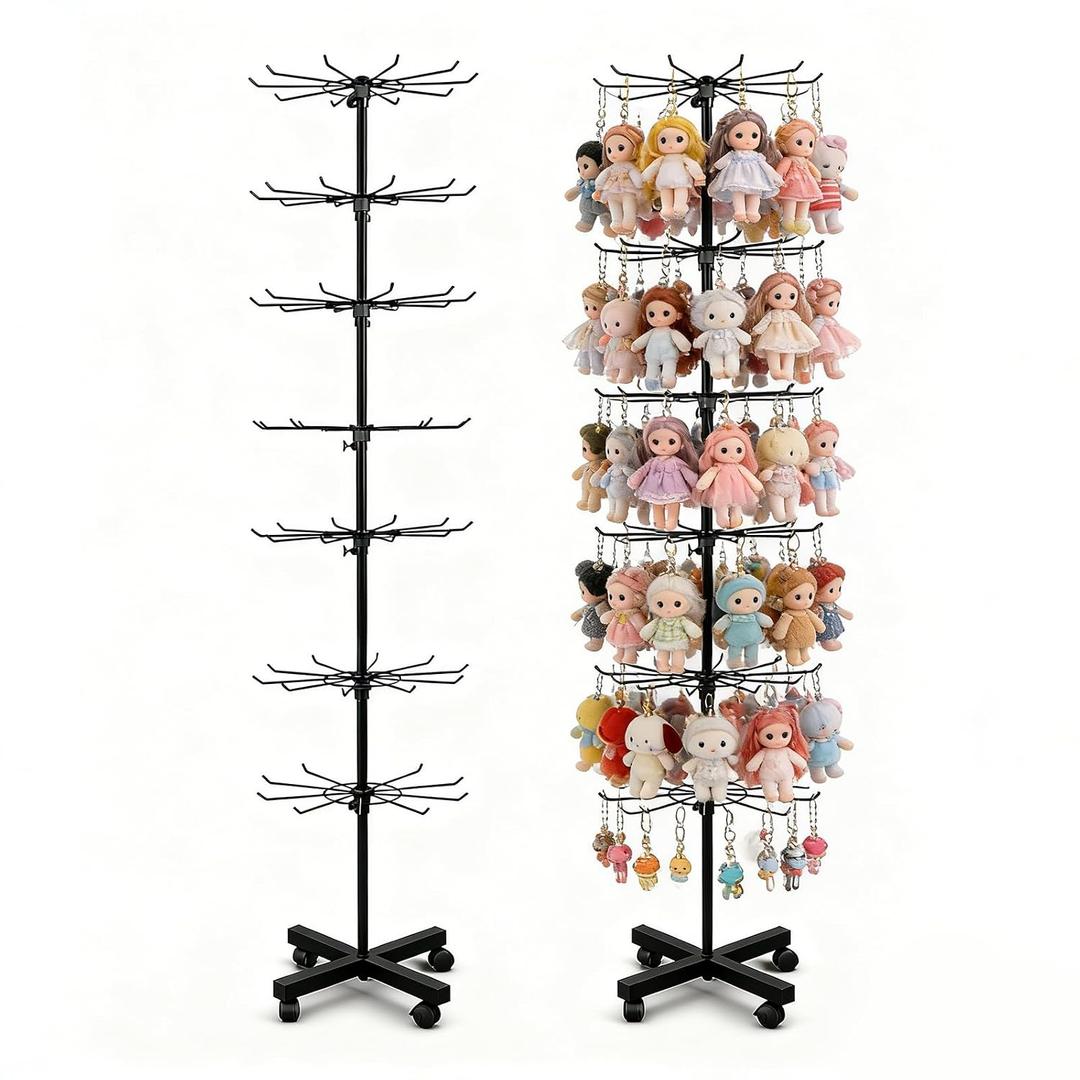 Retail Display Stand 7-Tier 360 Rotating Rack Shelves Retail Show Displays,Adjustable Height & Locking Wheel Store Display for Toys Jewelry Keyring Socking Hats Snacks Nail Accessories (Black,Metal)