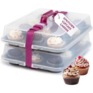 KPKitchen Cupcake Carrier for 24 Cupcakes - Innovative Cupcake Holder includes 2 Cupcake Pans with Lid and Handle - Cupcake Travel Container Carries 12 or 24 Standard-Size Cupcakes for Storage Safely
