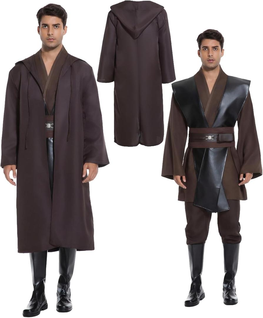 Men's Hooded Robe Tunic Cosplay Costume Knight Cloak Tunic Uniform Pants with Belt Full Set Halloween Outfits (XX-Large, Brown)