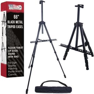 U.S. Art Supply 66" Black Metal Tripod Easel Display - Adjustable 20"- 5.5', Holds 32" Canvas - Floor/Tabletop Easel Stand, for Sign Display, Painting, Poster Board, Canvas - Portable Bag