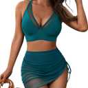 Blooming Jelly Womens Swim Skirt High Waisted Bikini Sets Tummy Control Swimsuits Mesh Sarong Wraps Bathing Suits (Medium, Blue Green)