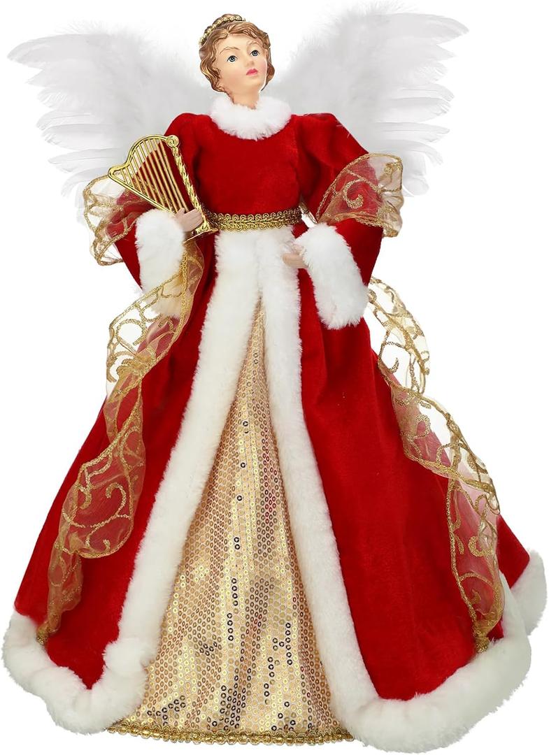 Liliful Christmas Tree Topper Angel Treetop 18 Inch Standing Red Angel Xmas Trees Wings Topper Figurine Gift for Home Holiday Decorations Winter Ornament