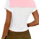 Remidoo Womens Sailor Collar Shirt Short Sleeve Color Block T Shirt (Pink, L)