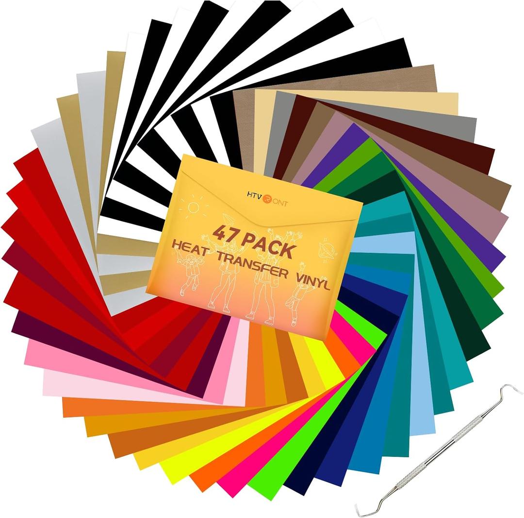 HTVRONT HTV Heat Transfer Vinyl Bundle: 47 Pack 12" x 10" Iron on Vinyl for T-Shirt, 33 Assorted Colors with HTV Accessories Tweezers, Silhouette Cameo or Heat Press Machine