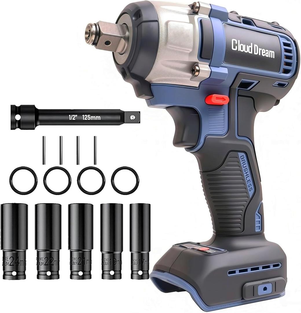 1/2" Cordless Impact Wrench, 369Ft-lbs (500N.m) Impact Gun Compatible with DeWalt 20V Max Battery, 2-Speed Brushless Impact Driver for Car Wheels, Trucks, and Rusted Bolts (No Battery Included)