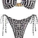 ZAFUL Women's Bandeau Bikini Shiny Metal Ring Decor Lace Up Tied Side High Cut Strapless Swimsuit (Medium, 3-geometric)