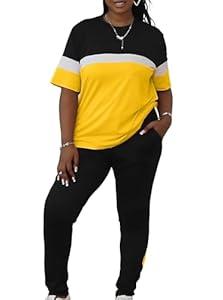 LovelyWholesale Plus Size 2 Piece Outfits for Women Color Block Tracksuit Short Sleeve Top and Pants Set Yellow, 4X-Large
