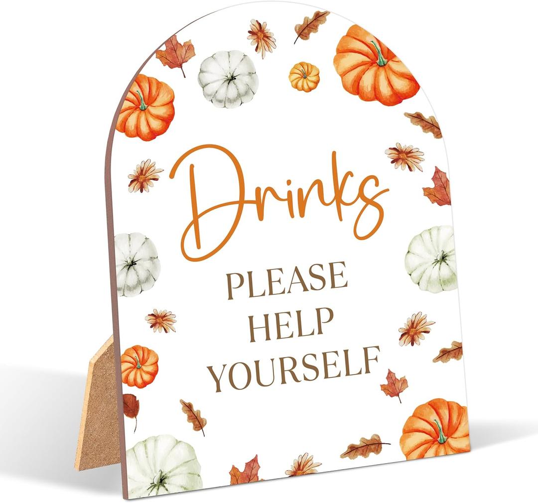 2 x Little Pumpkin Drinks Please Help Yourself Sign for Baby Shower, 6x8 Inch Arch Wooden Sign with Stand, Fall Autumn Baby Shower Table Sign, Gender Neutral Party Decoration - UYL03
