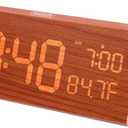 OhM-ega Wooden Digital Alarm Clock, Electric Clocks with Dual USB Port, Large Numbers, Temperature Display, Brightness Dimmer, Sound-Activated Display, Snooze, 12/24H, Brown