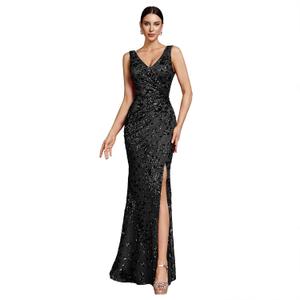 Elegant Long Sequin Formal Dress V-Neck Slit Design, Stretchy Fitted Glamorous (Black, XL)