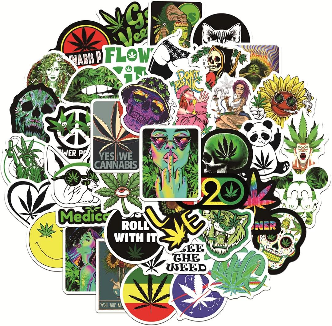 Weed Stickers for Adults, 50PCS Plant Vinyl Waterproof Marijuana Sticker Decals for Skateboard Water Bottles Bikes Luggage Etc.