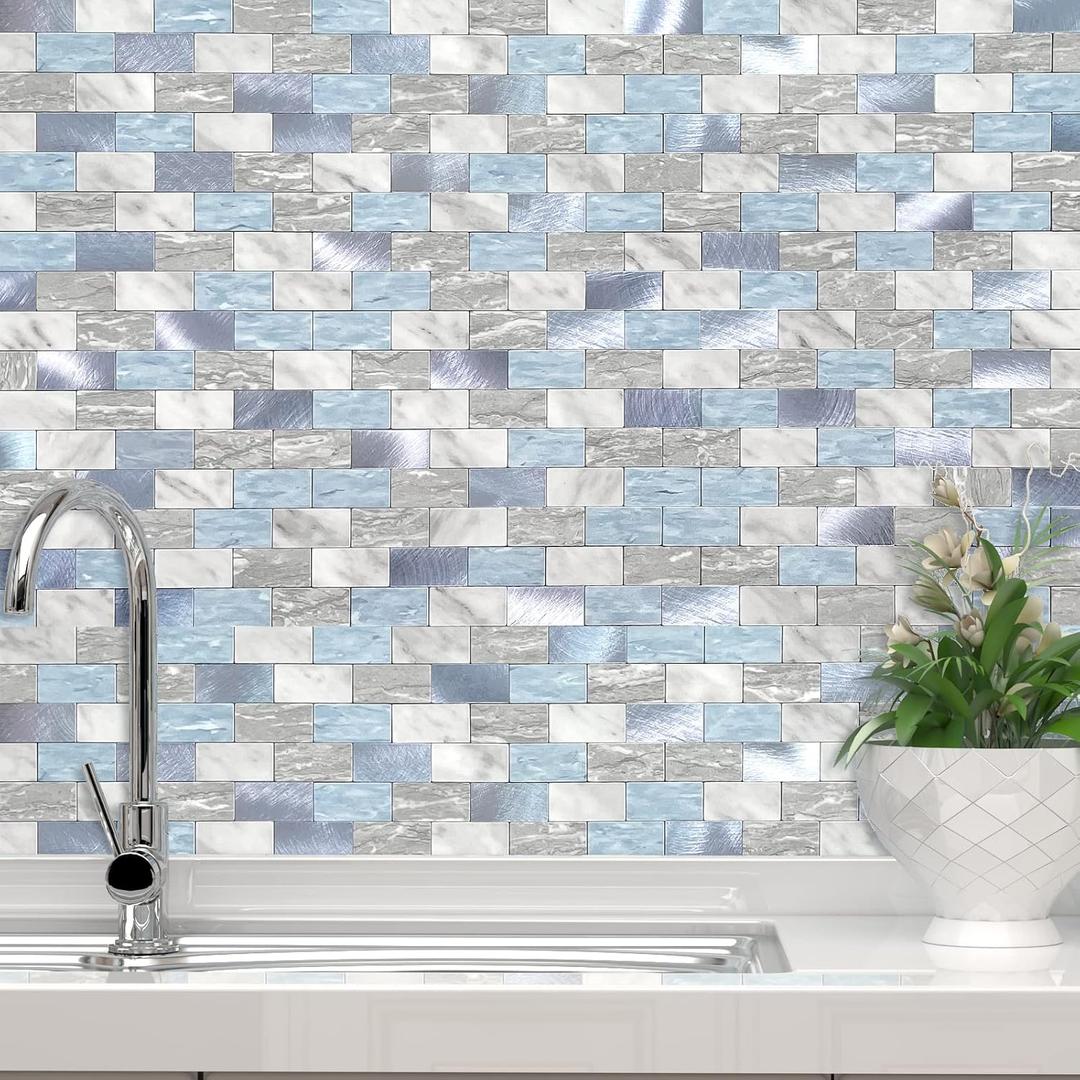 VAOVI Peel and Stick Backsplash Tile for Kitchen Subway Self Adhesive Bathroom Wall Stickers (10sheets,Blue Gray)