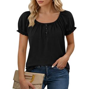 Womens Short Sleeve Shirts Puff Ruffle Sleeve Scoop Neck Pleated Henley Tops Summer Casual Loose Fit T-Shirts (Black, XL)