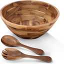 12.2" Large Salad Bowl with Serving Utensils, Acacia Wooden Salad Serving Bowl Set with 2 Wood Hands, Wooden Bowls Decorative, Large Serving Bowls for Fruits, Salad and Pasta (Acacia color)
