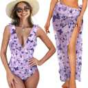 One Piece Swimsuit with Matching Cover Up Set for Women Ruffled Bathing Suit Swimwear with Long Bikini Wrap Skirt (X-Large, Purple Butterfly)